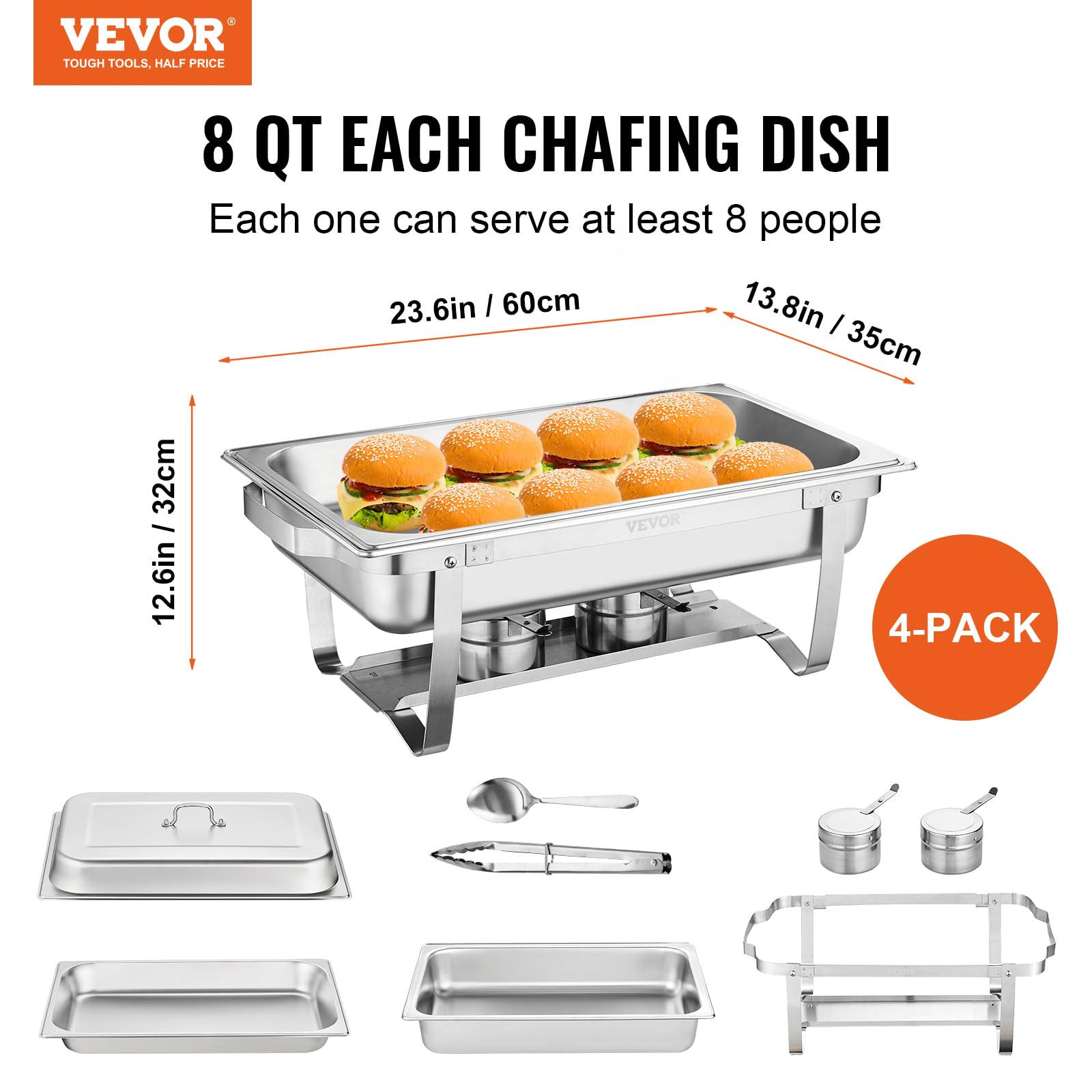 Vevor Chafing Dish Buffet Set, 8 Qt 4 Pack, Stainless Chafer W/ 4 Full Size Pans, Rectangle Catering Warmer Server W/Lid Water P